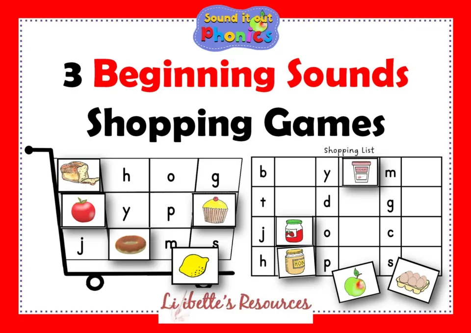 Cover for 3 Beginning Sounds Shopping Games showing a shopping trolley and a shopping list board with food picture cards