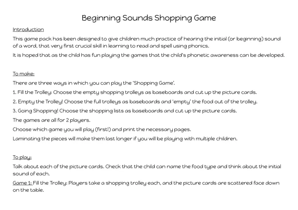 Game instructions: how to make and play three beginning sound games for two players, starting with Fill the Trolley