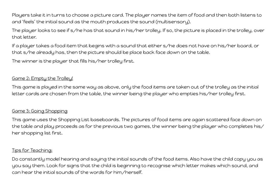 Rules for Empty the Trolley and Going Shopping, plus tips for modelling initial sounds as the child names each food