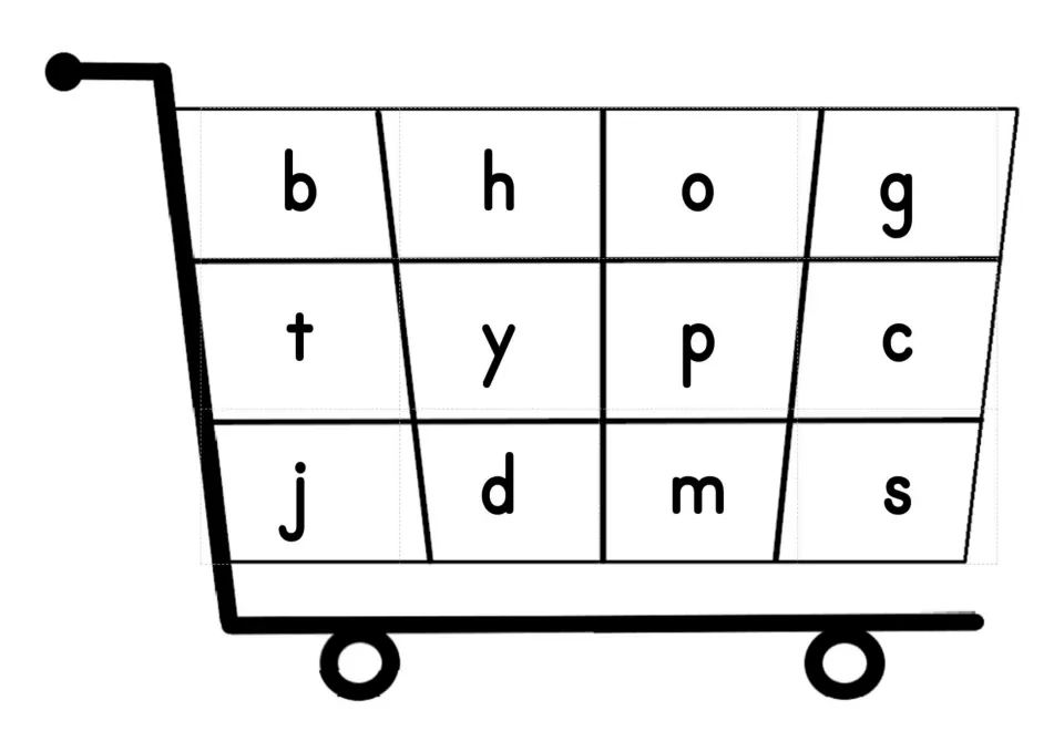 Empty shopping trolley baseboard with 12 letters (b, h, o, g, t, y, p, c, j, d, m, s) for matching beginning sounds