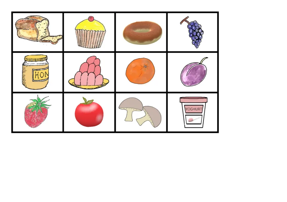 Food picture cards to cut out: bread, cupcake, donut, grapes, honey, jelly, orange, plum, strawberry, tomato and more
