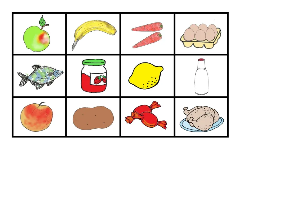 More food picture cards to cut out: apple, banana, carrots, eggs, fish, jam, lemon, milk, peach, potato, sweets, turkey