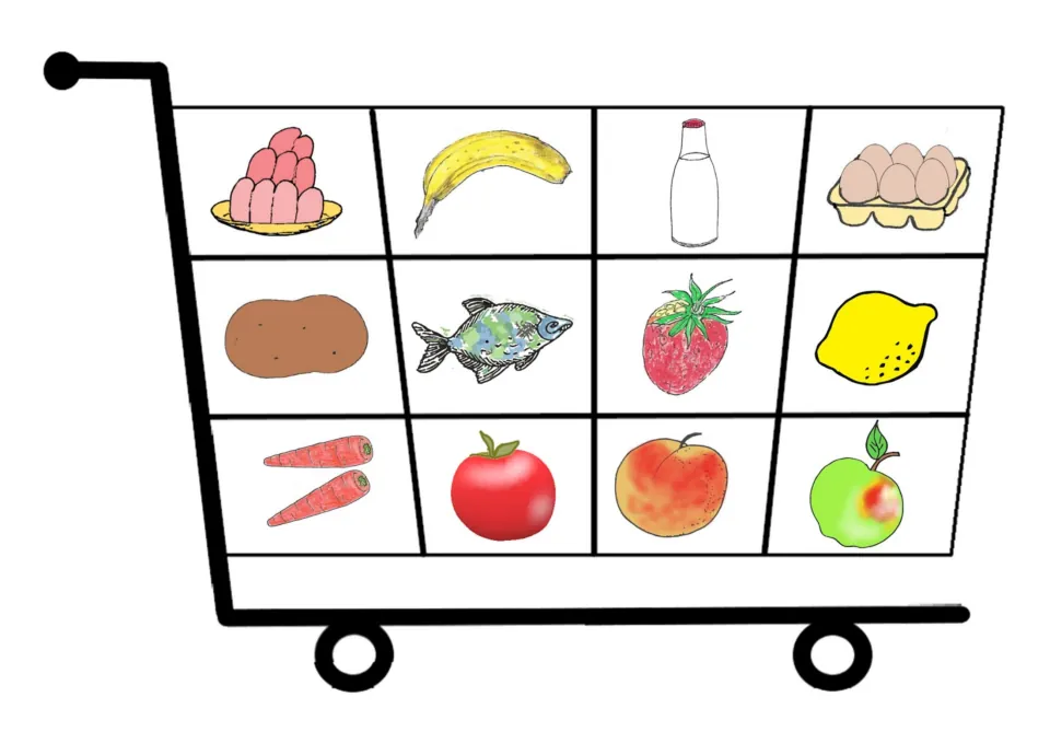 Second full trolley baseboard with 12 foods such as jelly, banana, milk, eggs, fish, strawberry, carrots and apple