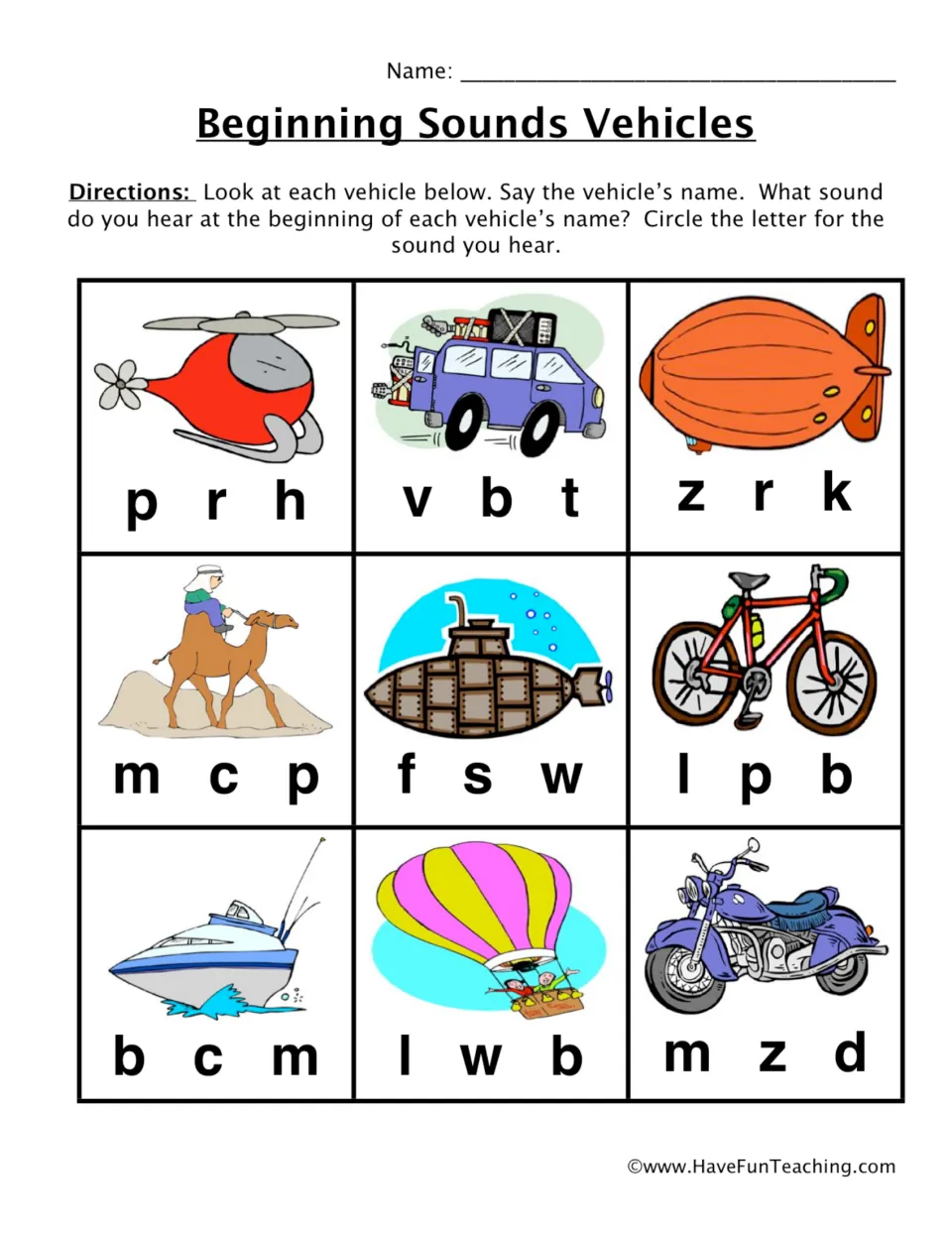 Beginning sounds practice: choose letters for helicopter, van, zeppelin, camel and five more pictures