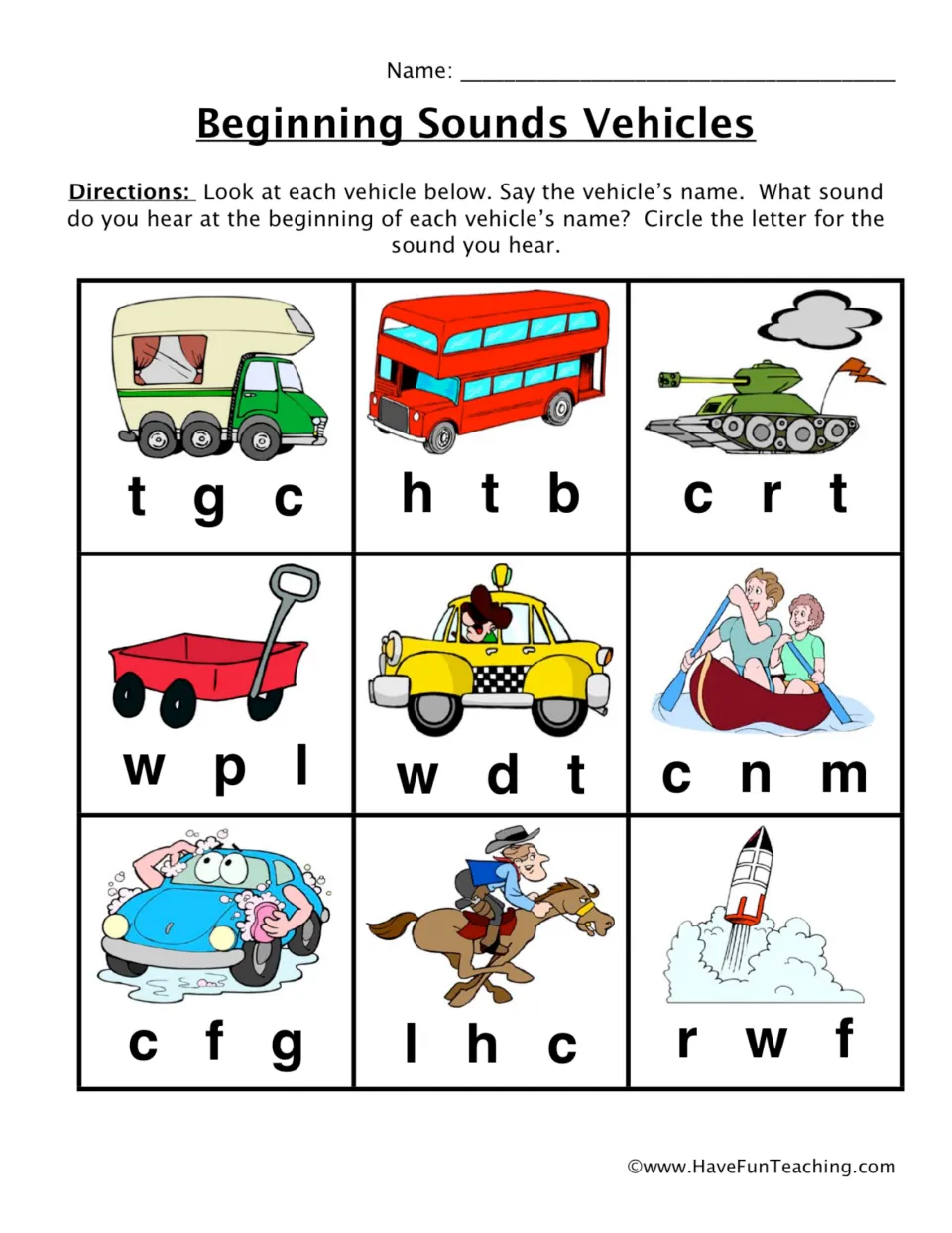Beginning sounds practice: name nine pictures, including a camper, bus, tank, and wagon, and circle letters.