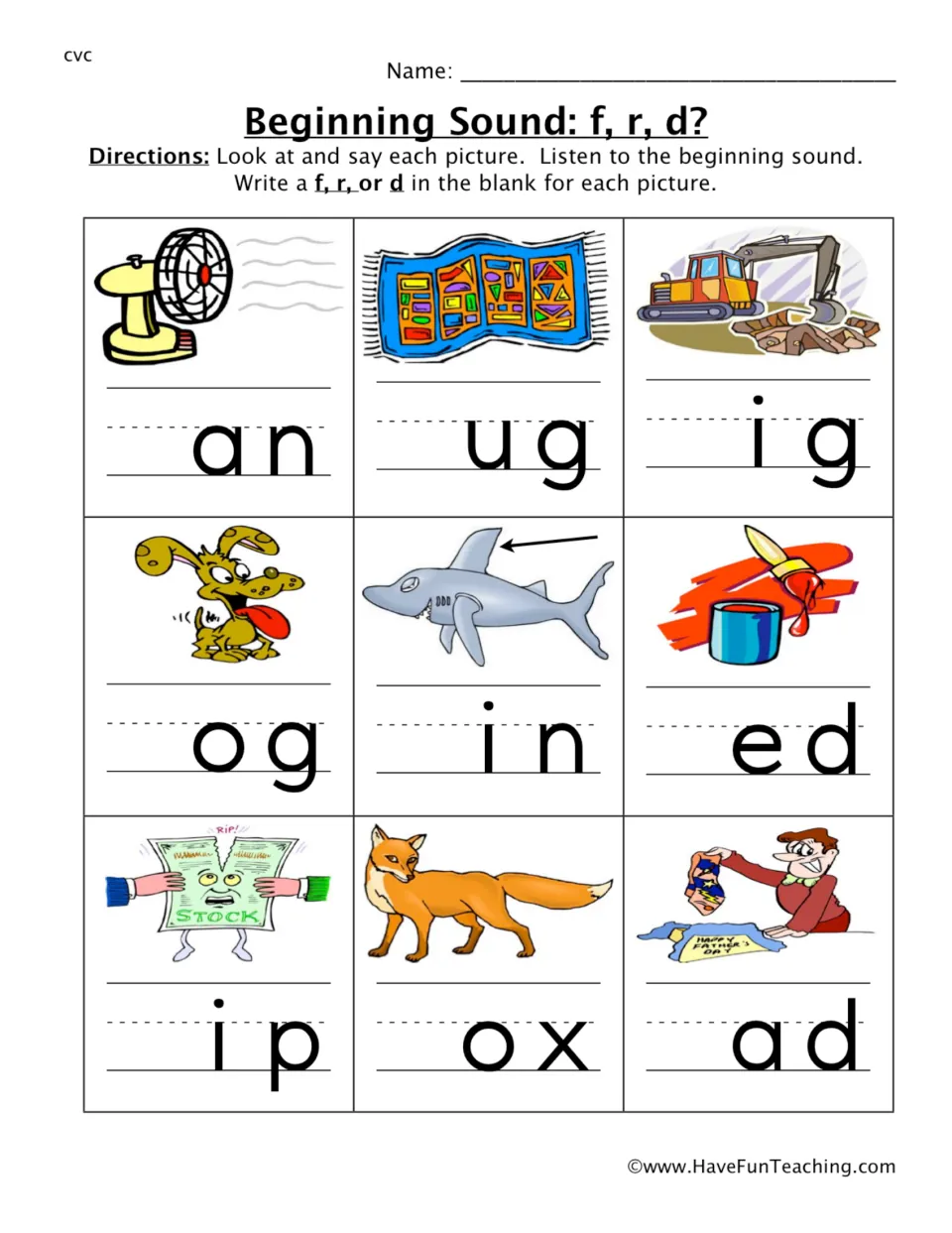 Beginning sounds f, r, d: students say each of nine pictures and write f, r or d as the missing first letter of each word