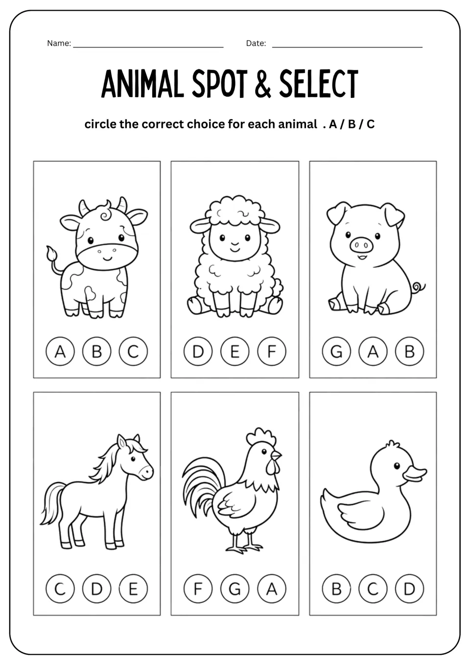 Animal Spot & Select worksheet: cow, sheep, pig, horse, rooster, and duck pictures with letter choices.