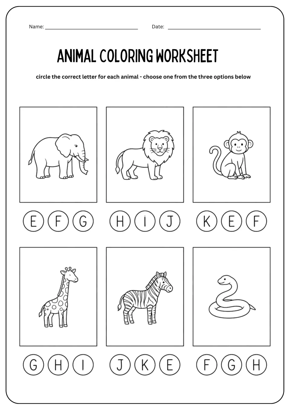 Animal coloring worksheet: elephant, lion, monkey, giraffe, zebra, and snake pictures with letter choices.
