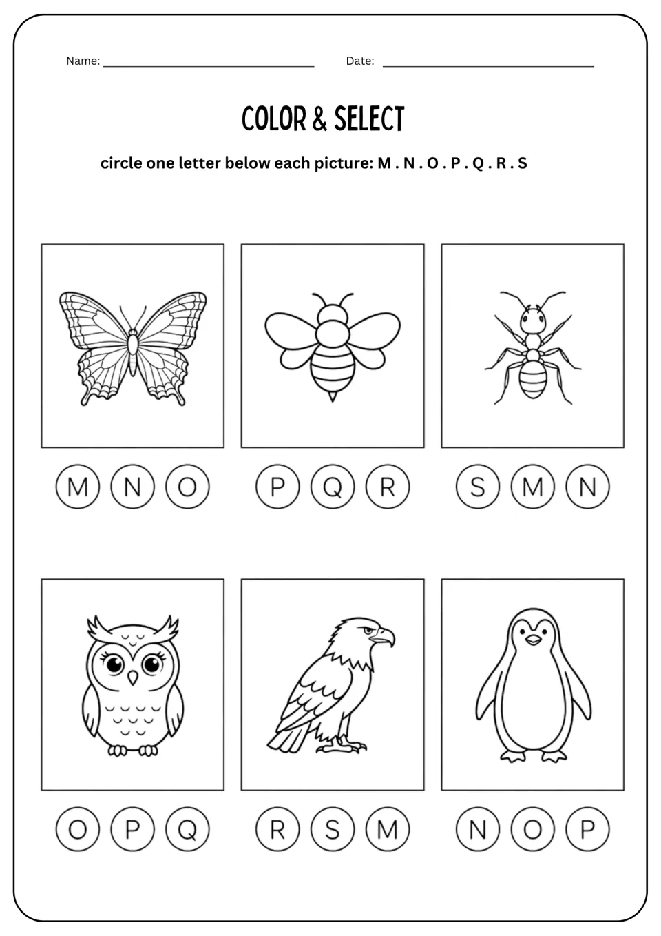 Color & Select worksheet: butterfly, bee, ant, owl, eagle, and penguin pictures with letter choices.
