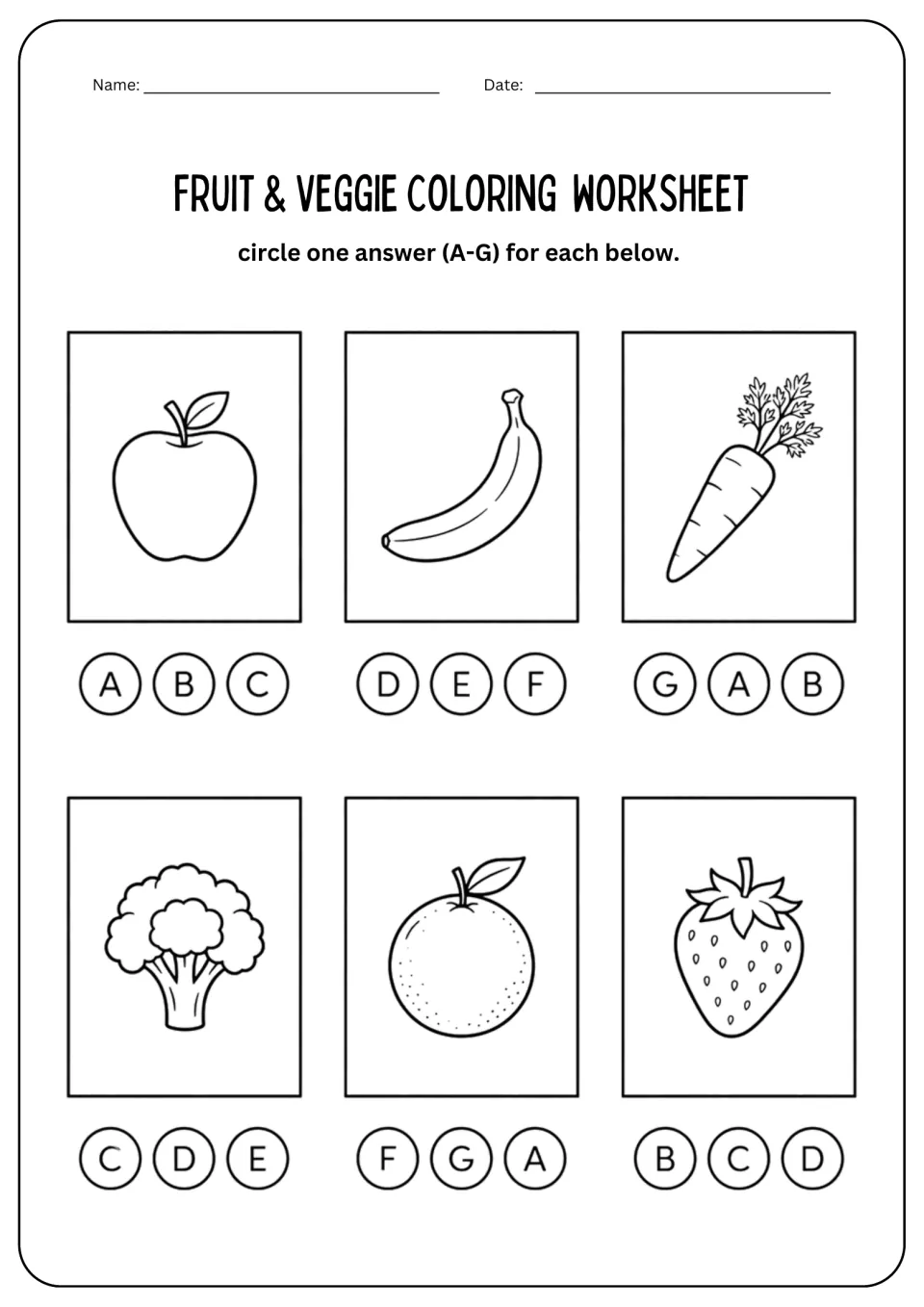 Fruit and veggie coloring worksheet: apple, banana, carrot, broccoli, orange, and strawberry with letter choices.