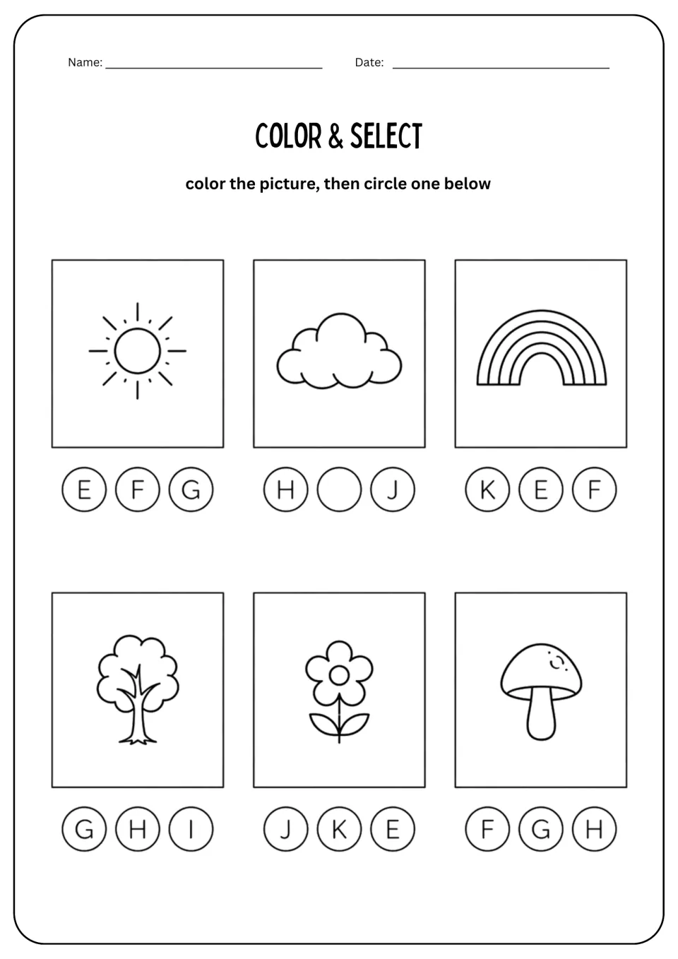 Color & Select nature worksheet: sun, cloud, rainbow, tree, flower, and mushroom pictures to color.
