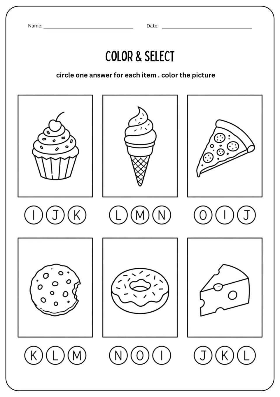 Color & Select food worksheet: cupcake, ice cream, pizza, cookie, doughnut, and cheese with letter choices.