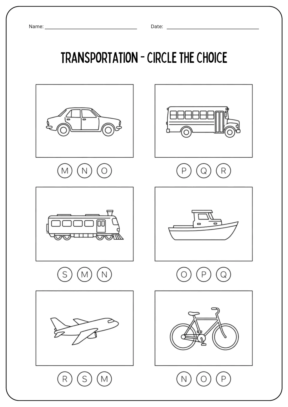 Transportation worksheet: car, bus, train, boat, airplane, and bicycle pictures with letters to circle.