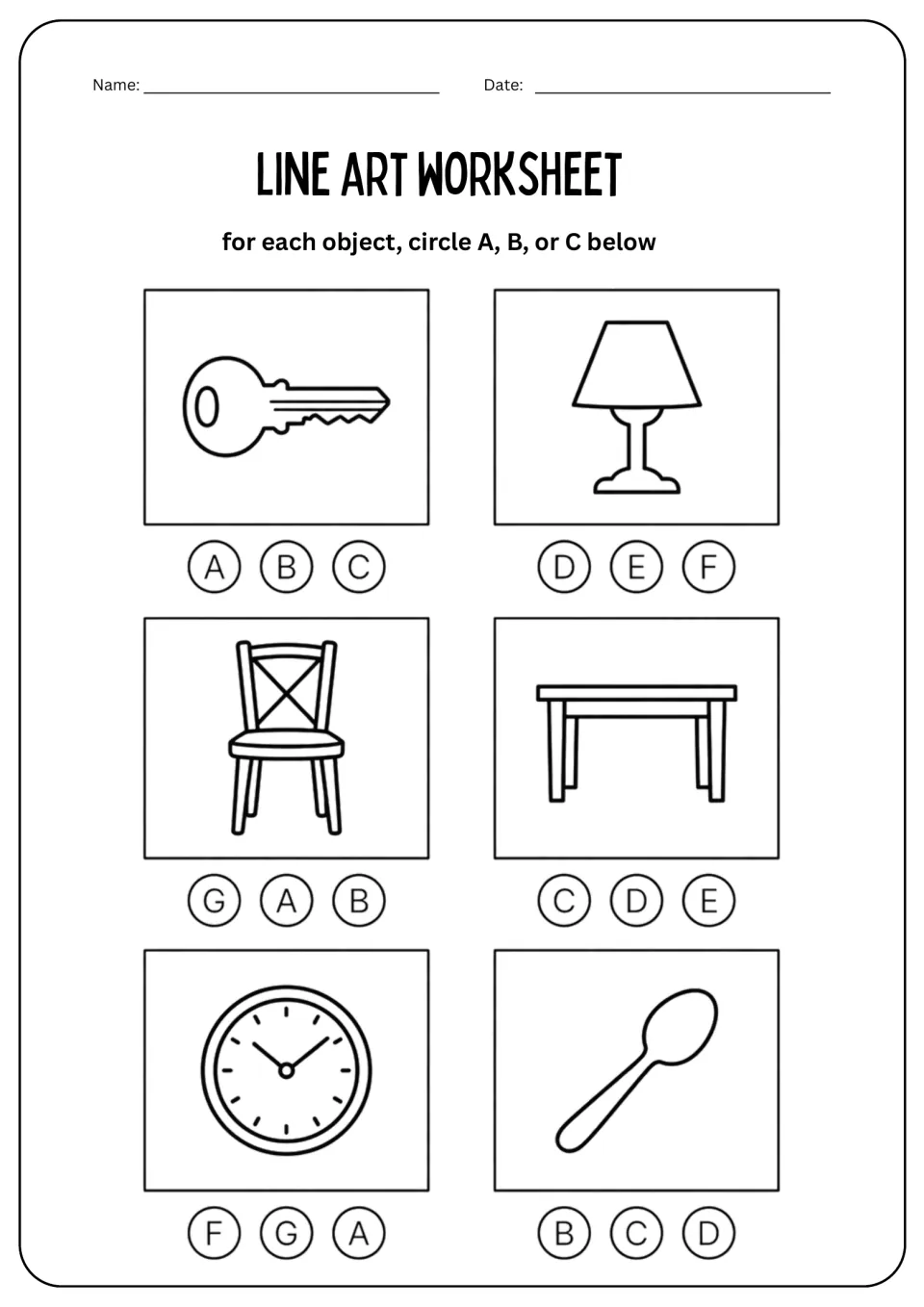 Line Art Worksheet: key, lamp, chair, table, clock, and spoon pictures with three letter choices each.