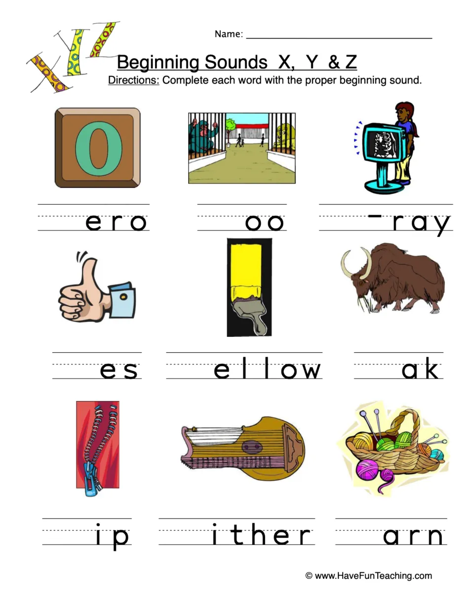 Beginning sounds practice for X, Y, and Z: complete zero, zoo, X-ray, yes, yellow, yak, zip, zither, and yarn.