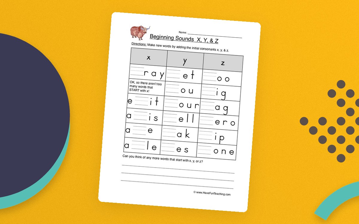 Beginning Sounds X Y Z Worksheet preview: Beginning-sound focus on x, y, and z