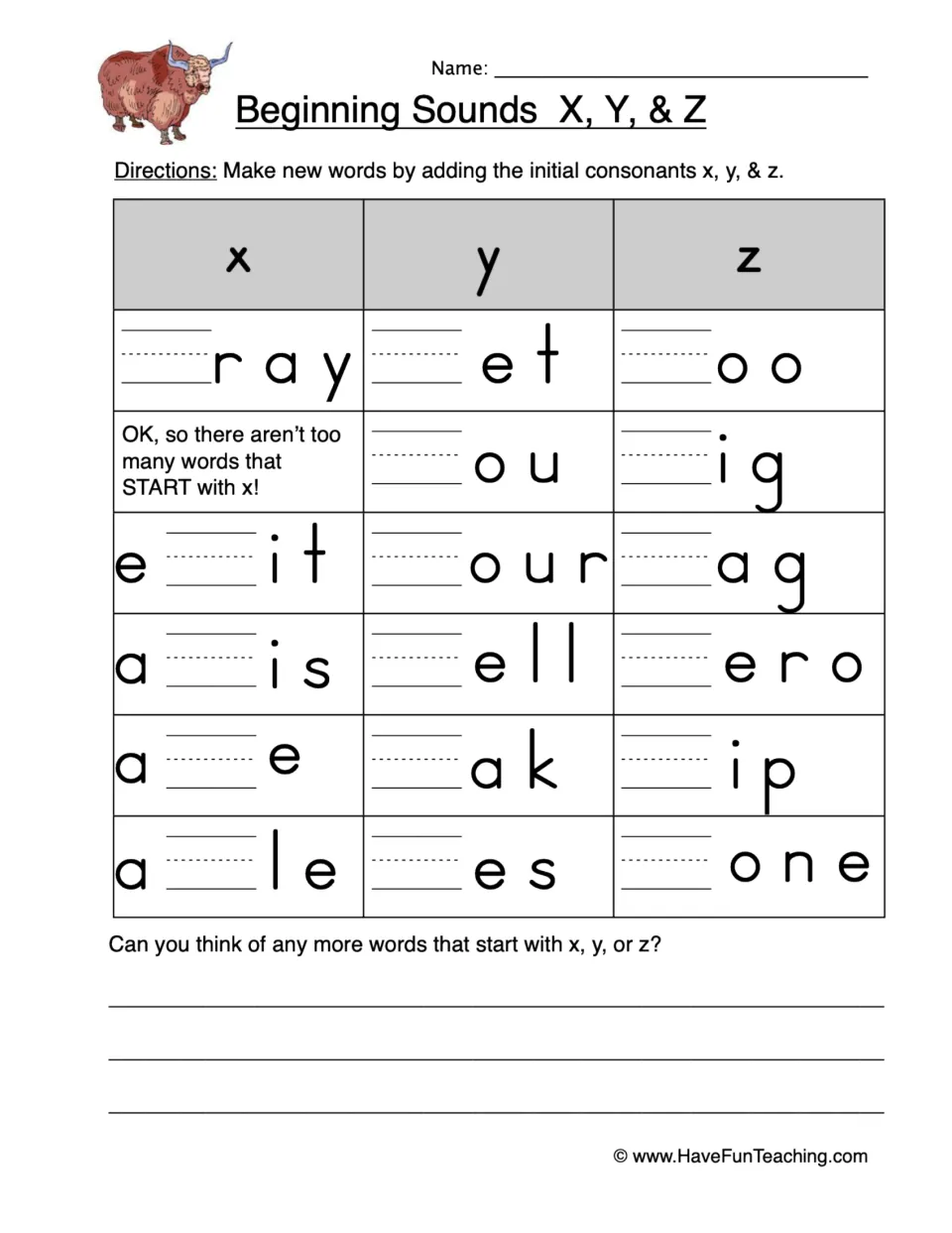 Initial consonants x, y and z: students add the missing letter to word parts like _ray, _et and _oo, then list more words