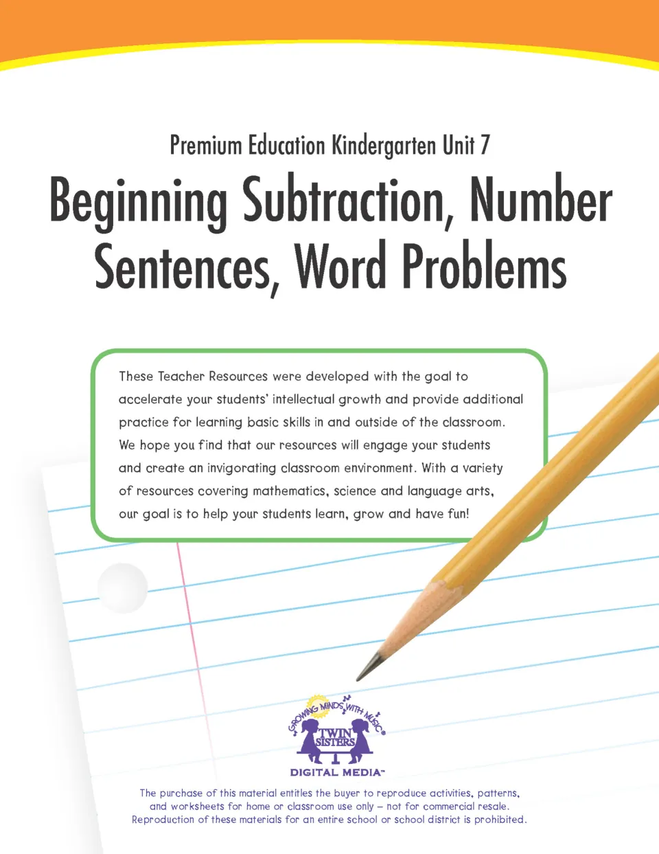 Cover of Premium Education Unit 7: Beginning Subtraction, Number Sentences, Word Problems, with a pencil on lined paper
