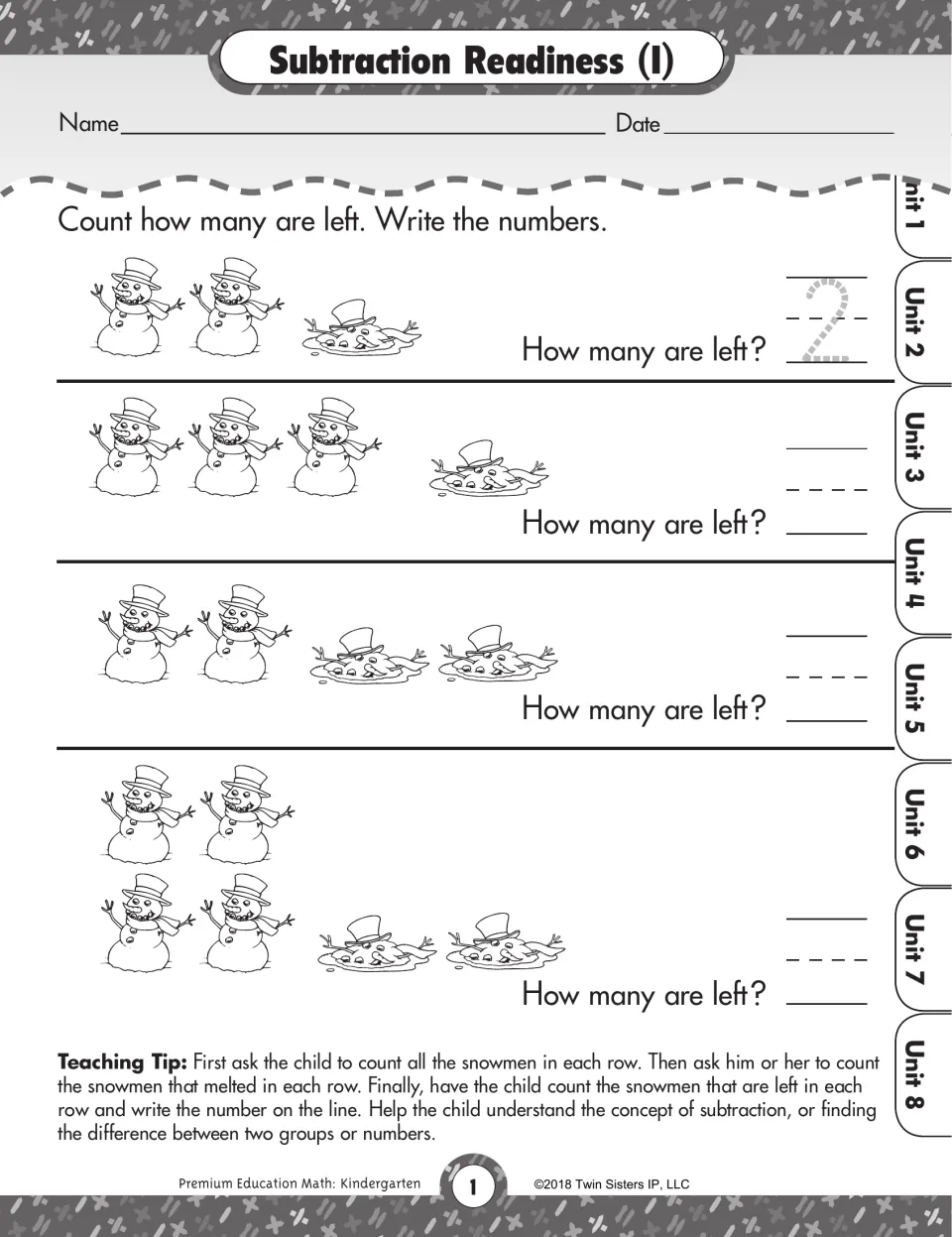 Subtraction readiness with snowmen: students count the snowmen still standing after some melt and write how many are left