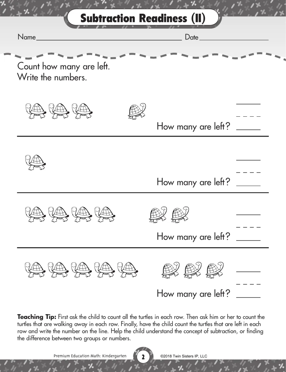 Subtraction readiness with turtles: students count turtles left in each row after some walk away and write the number