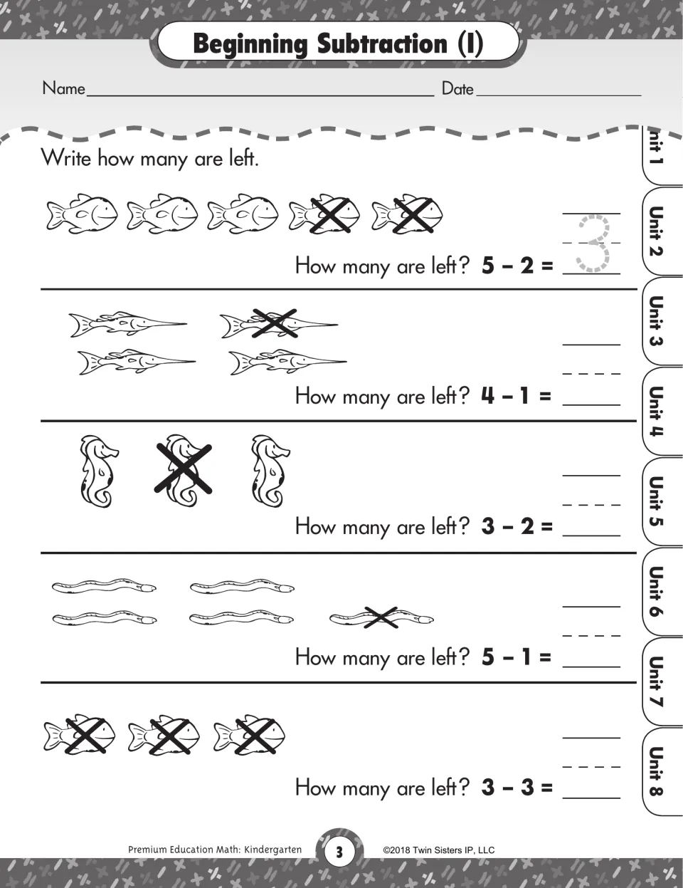 Taking away sea animals: students look at crossed-out fish, seahorses and eels and solve 5 - 2, 4 - 1, 3 - 3 and more