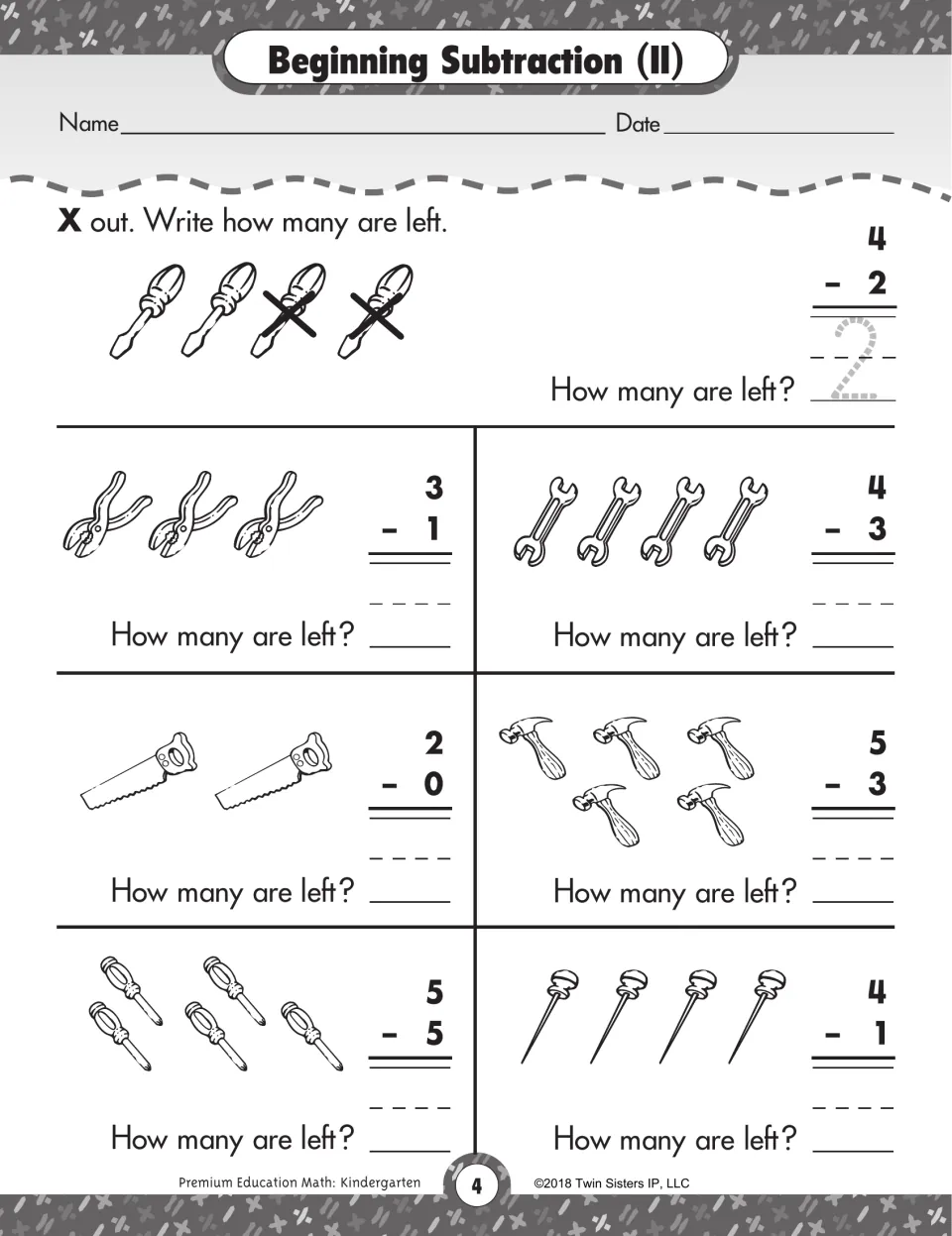 Vertical subtraction with tools: students X out pliers, wrenches, saws and hammers, then write how many are left
