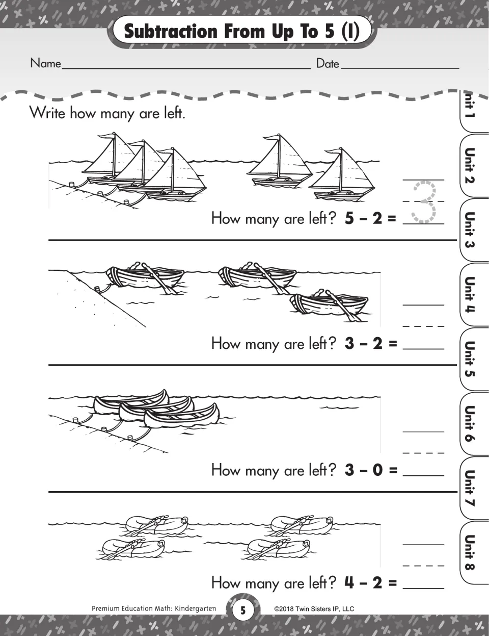 Subtraction within 5 using boats: students count sailboats, rowboats and canoes that sail away and solve each equation