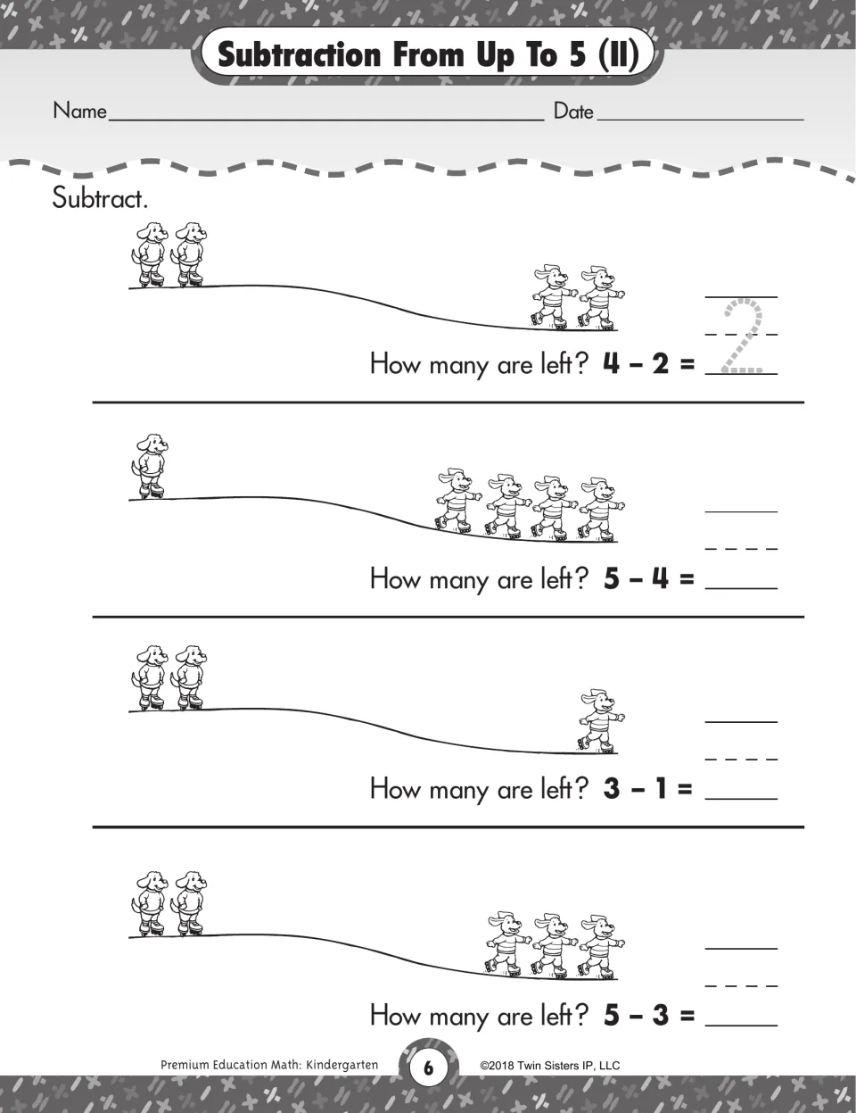 Subtraction within 5 with skating dogs: students count dogs that skate off downhill and solve four take-away equations