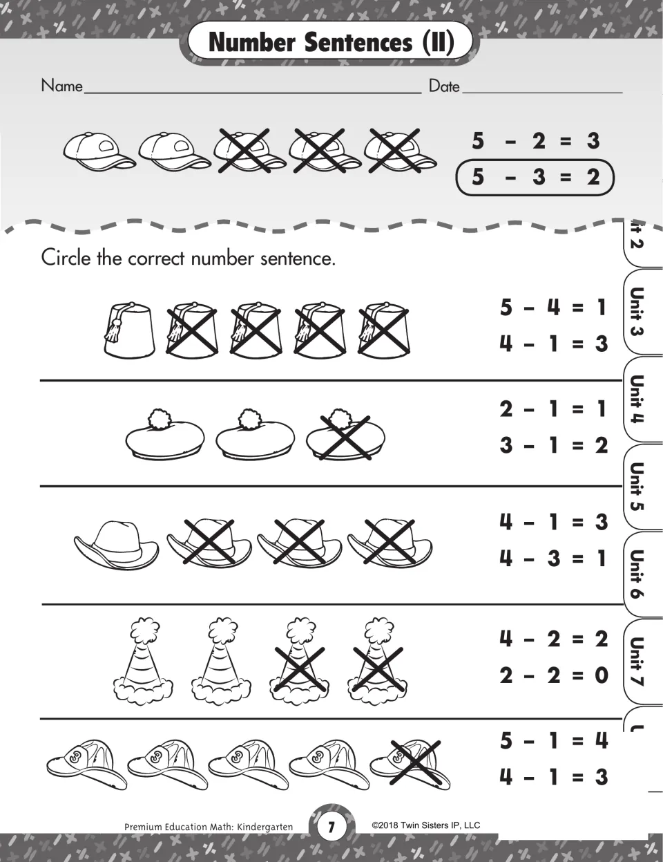 Matching number sentences to hat pictures: students circle the correct sentence for each row of crossed-out hats