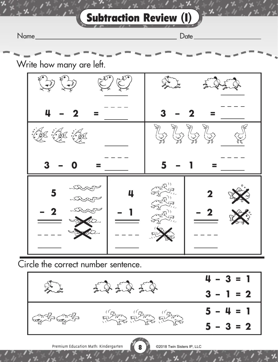 Subtraction review: students write how many animals are left in 7 problems, then circle the correct number sentences