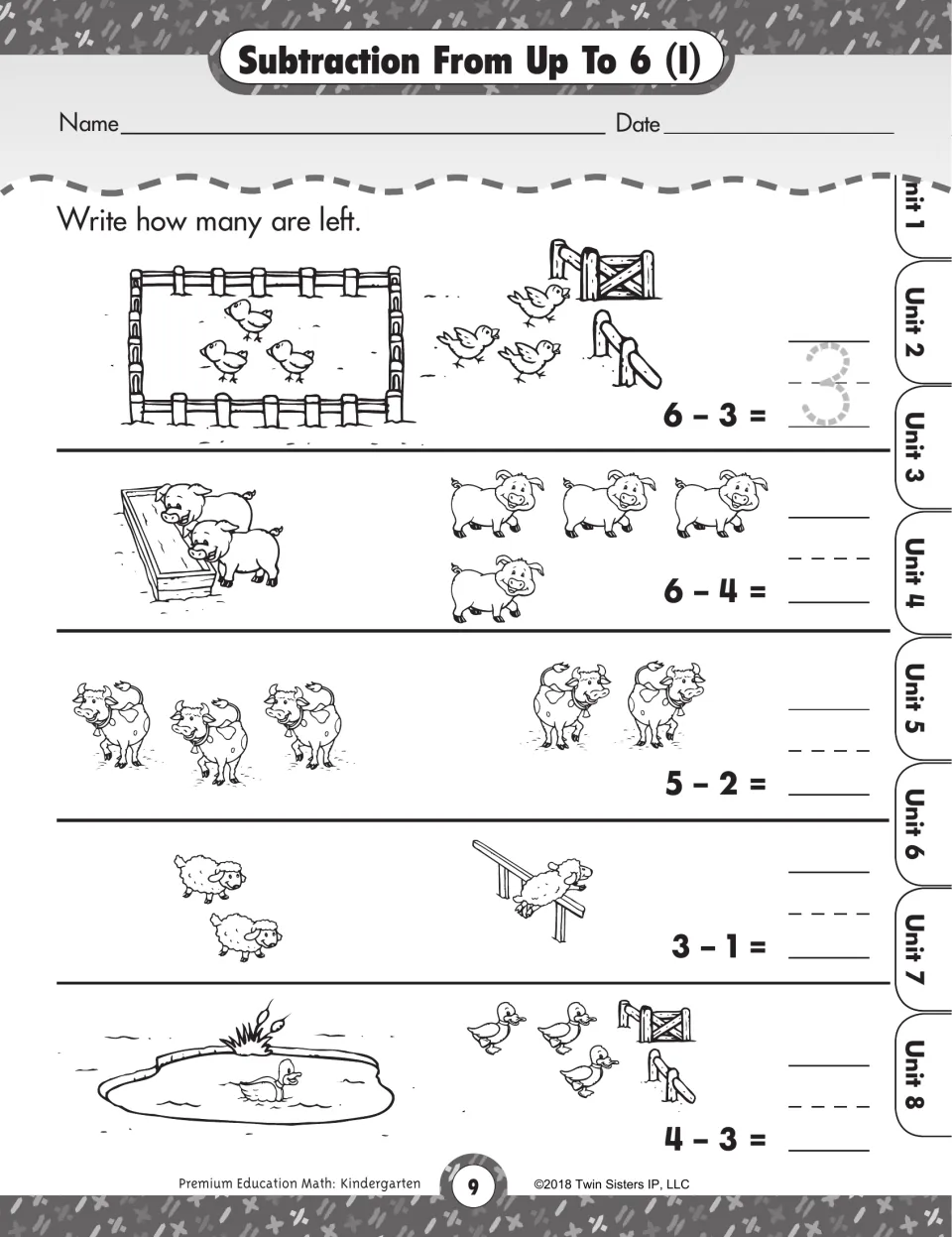 Subtraction within 6 on the farm: students count chicks, pigs, cows, sheep and ducks that leave and solve 6 - 3 to 4 - 3
