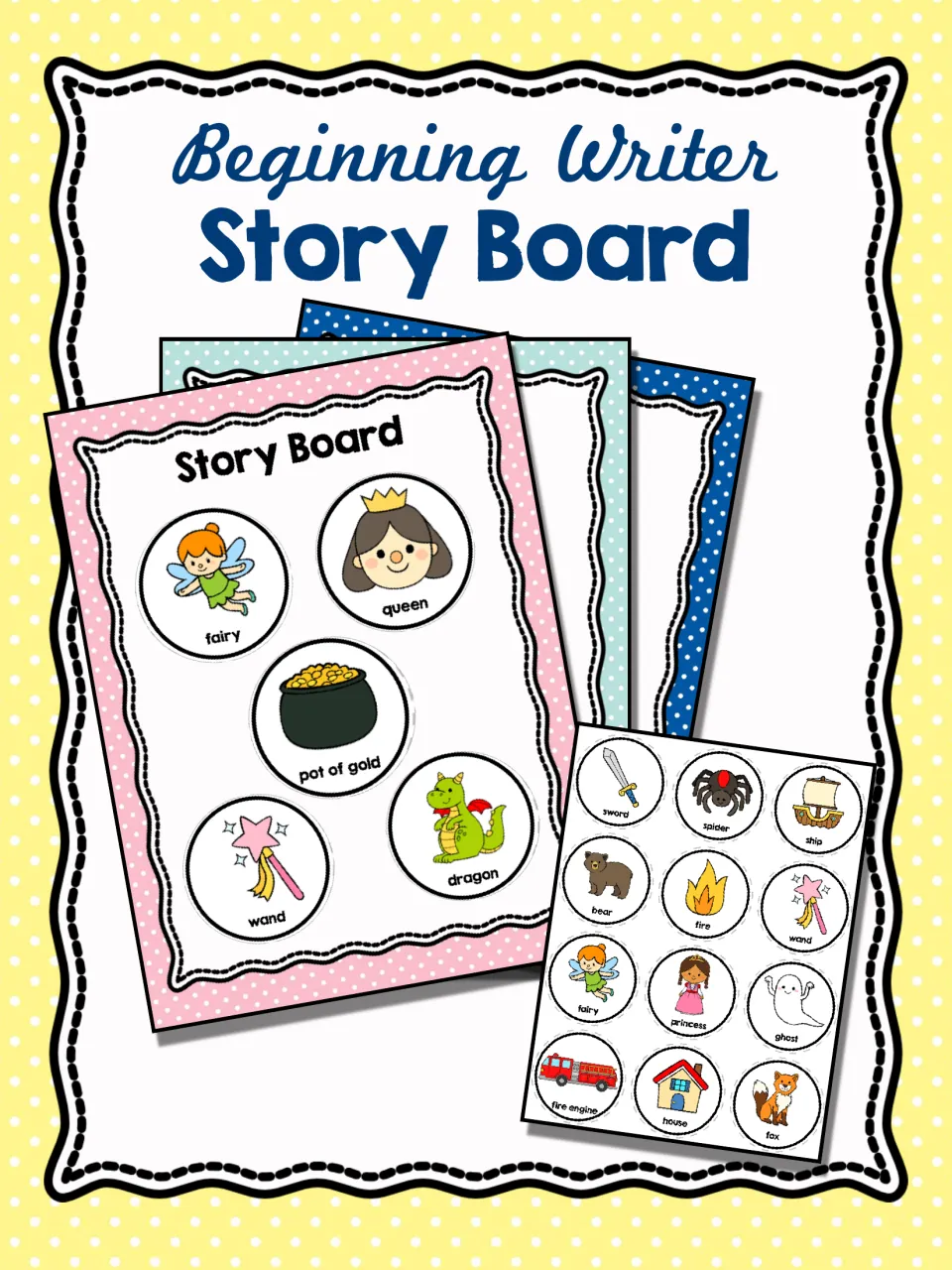 Beginning Writer Story Board cover: a pink board holding fairy, queen, wand and dragon pieces beside a sheet of circles