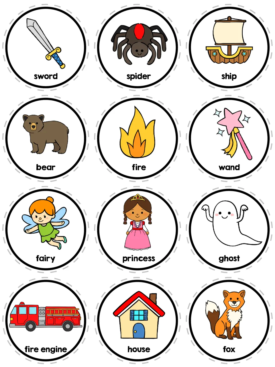 Story idea circles to cut out: 12 labeled pictures including sword, spider, ship, wand, princess, ghost and fire engine