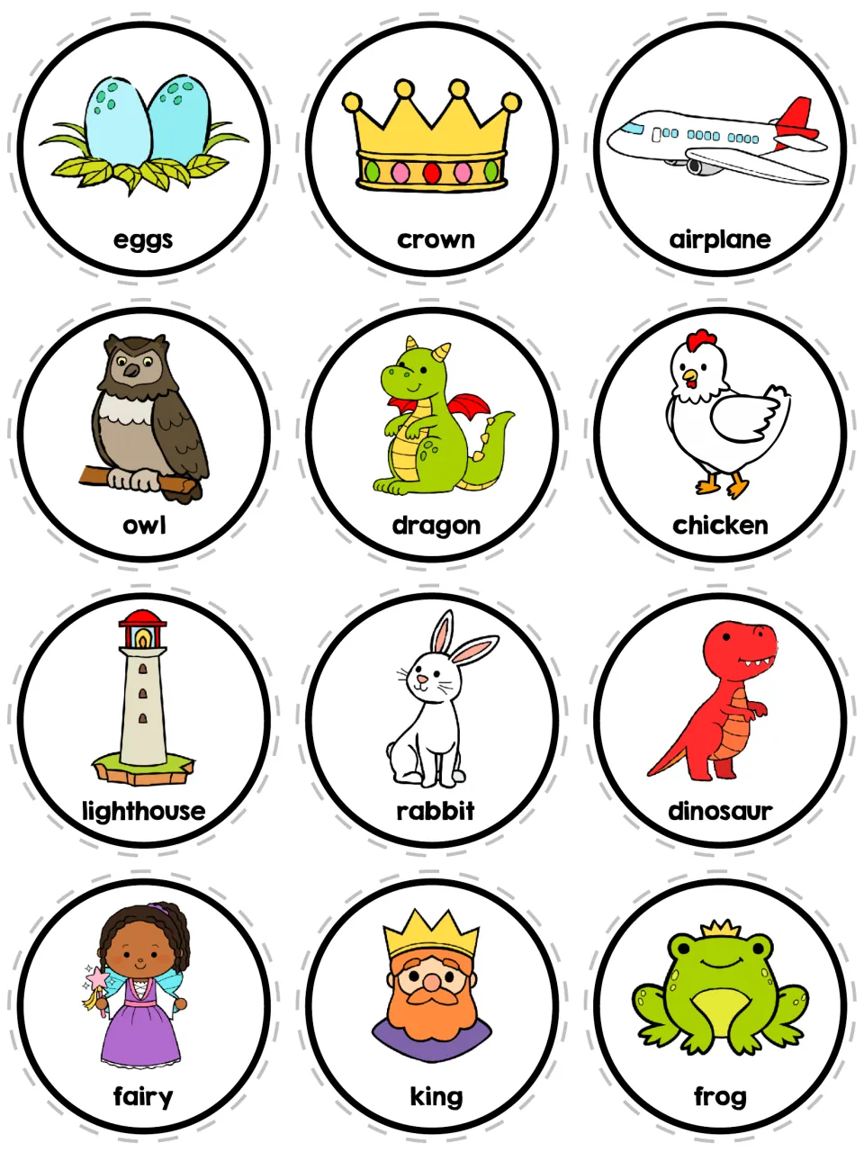 Story piece circles of characters and settings: eggs, crown, owl, dragon, lighthouse, rabbit, dinosaur, king and frog
