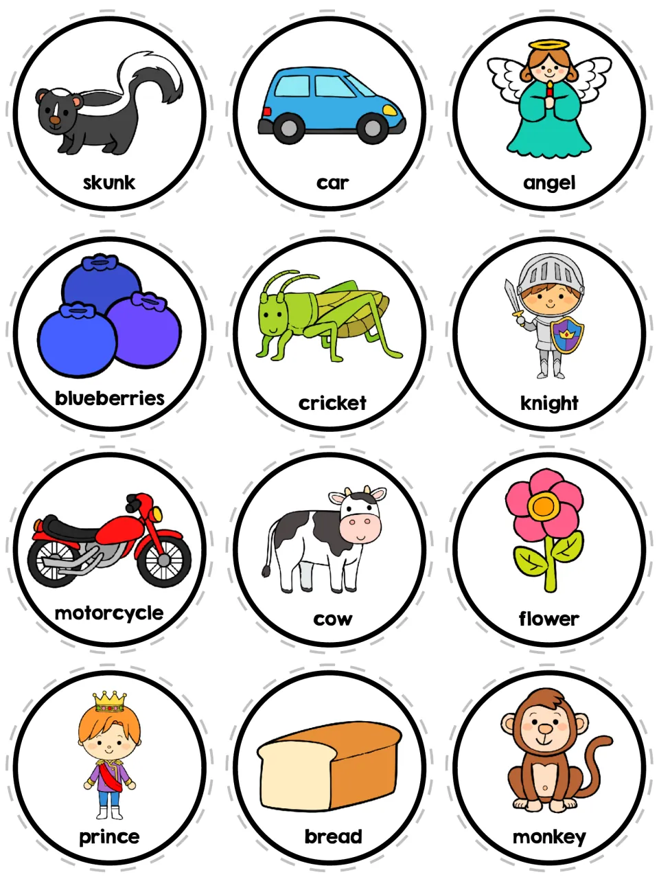 Labeled picture circles for story planning: skunk, car, angel, blueberries, cricket, knight, motorcycle, prince and monkey