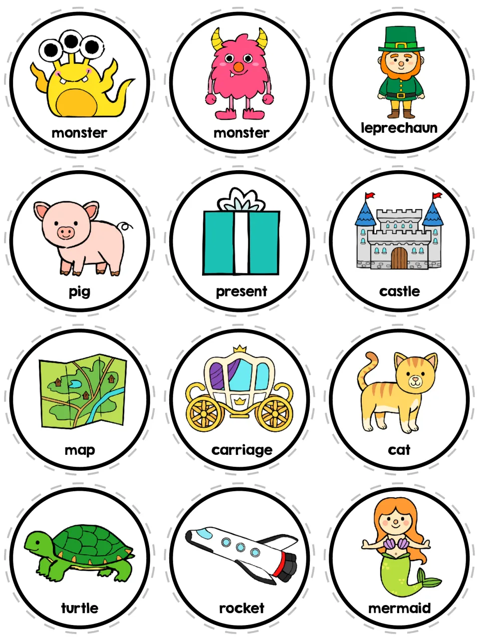 Fantasy and everyday story circles: two monsters, leprechaun, present, castle, map, carriage, turtle, rocket and mermaid