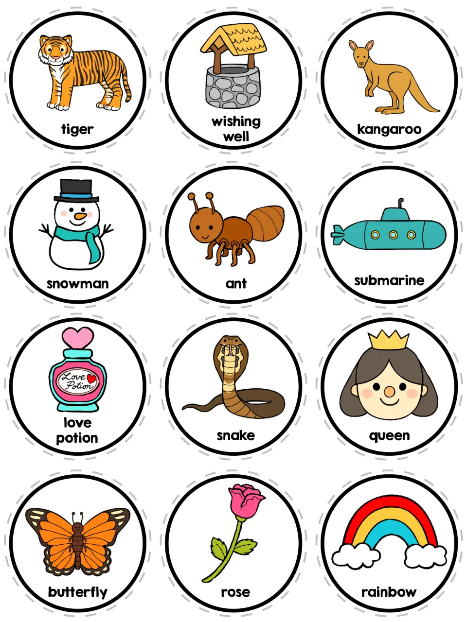 Picture circles to choose for a story: tiger, wishing well, kangaroo, snowman, submarine, love potion, queen and rainbow