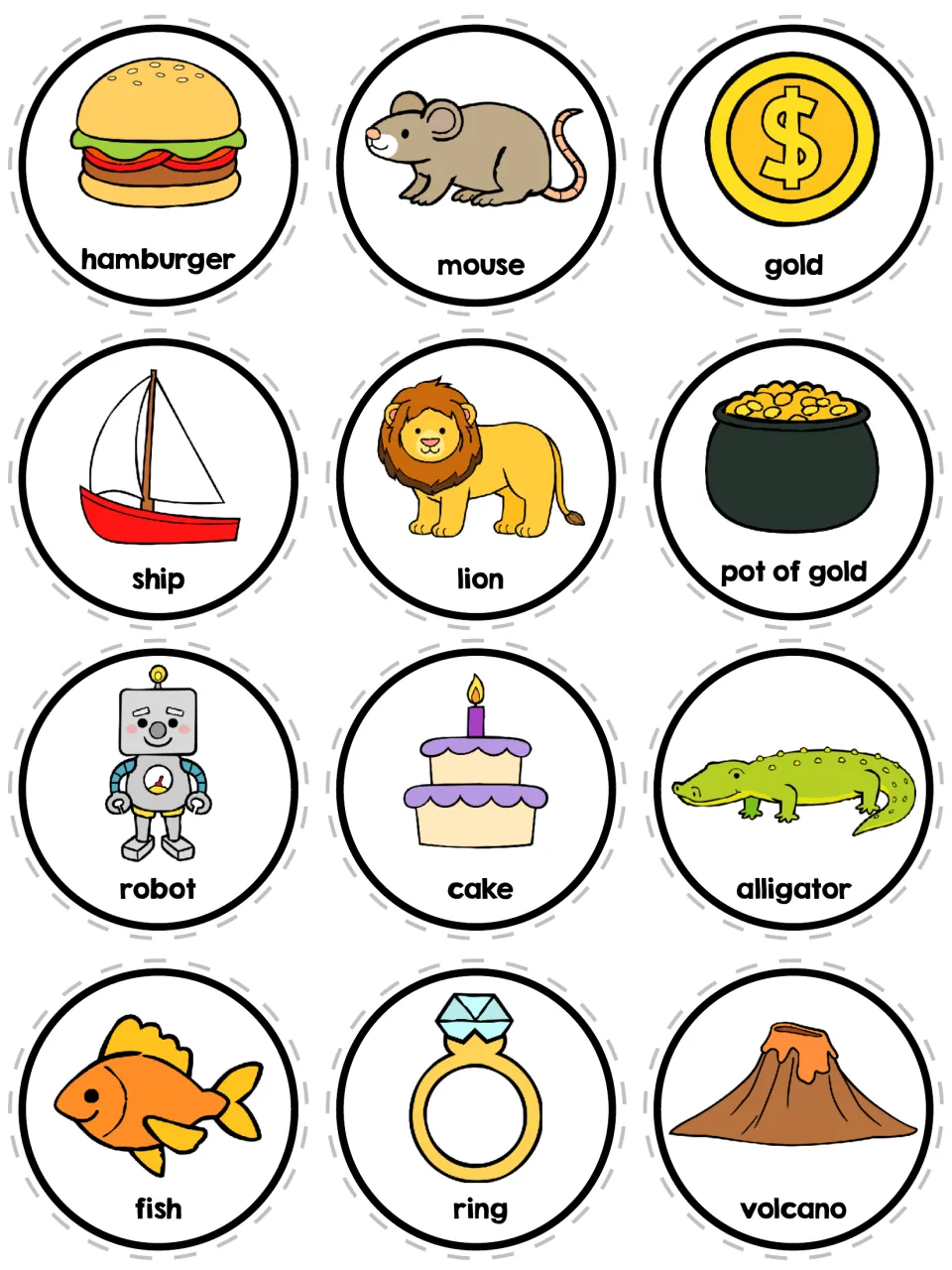 Cut-apart story items with labels: hamburger, mouse, gold coin, ship, lion, pot of gold, robot, alligator and volcano