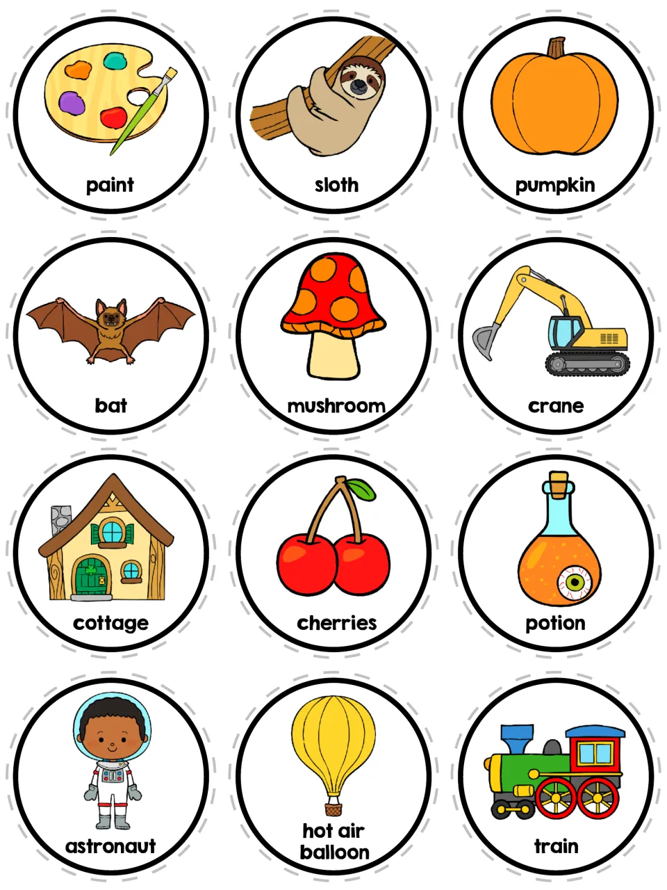 Story element circles: paint, sloth, pumpkin, bat, mushroom, crane, cottage, potion, astronaut, hot air balloon and train