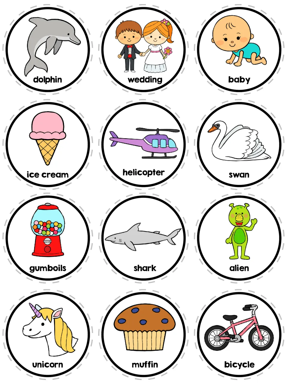 Final set of story circles: dolphin, wedding, baby, ice cream, helicopter, swan, shark, alien, unicorn and bicycle