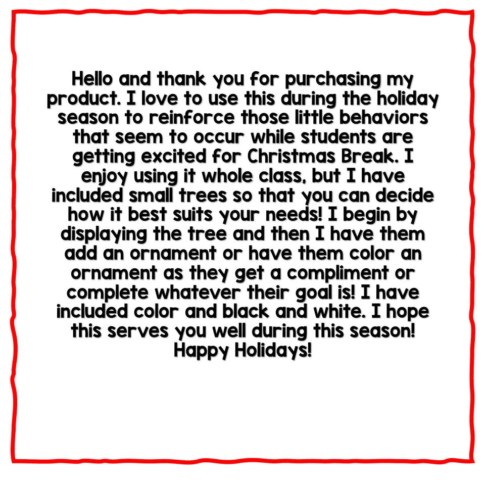 Teacher note on use: display the tree whole class or use small trees; students add or color an ornament for each compliment
