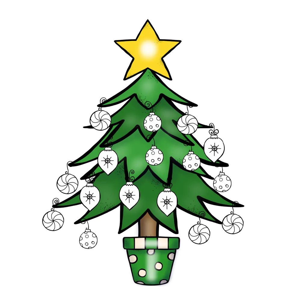 Individual reward tree: Christmas tree with star and pot and outlined ornaments a student colors in as points are earned