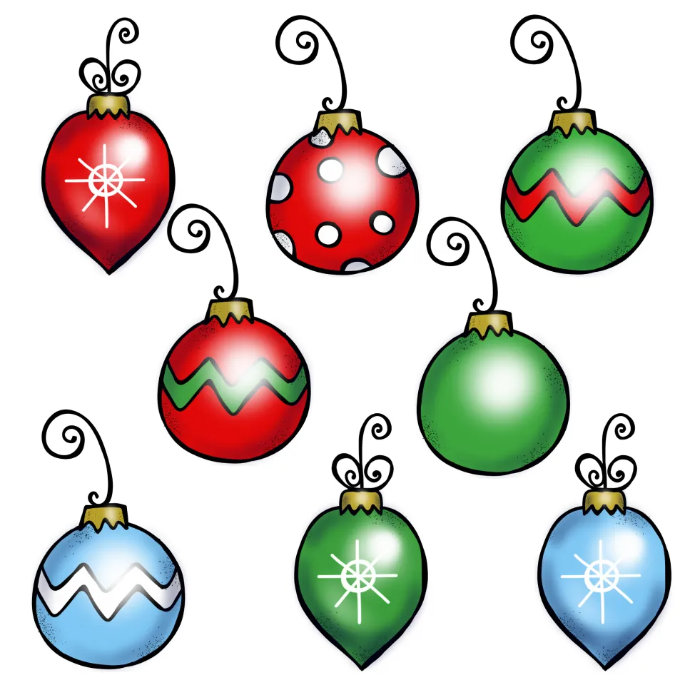 Reward ornaments to cut out: eight red, green and blue baubles with dots, zigzags or snowflakes to add to the tree as earned