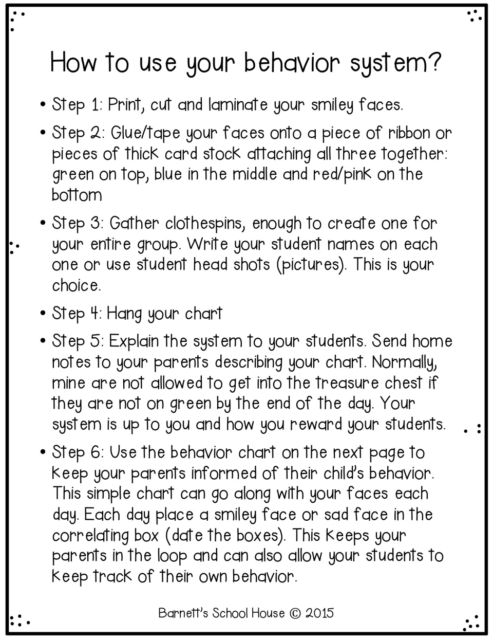 Behavior system instructions explain assembling three face signs, adding clothespins, and informing parents