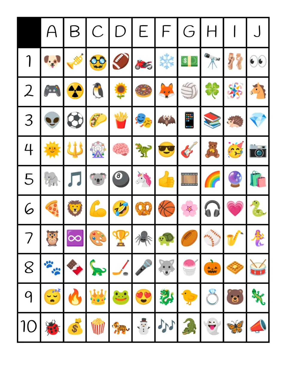 Kudos board chart: 100 squares labeled A to J and 1 to 10, each with an emoji such as a dog, pizza, owl or butterfly