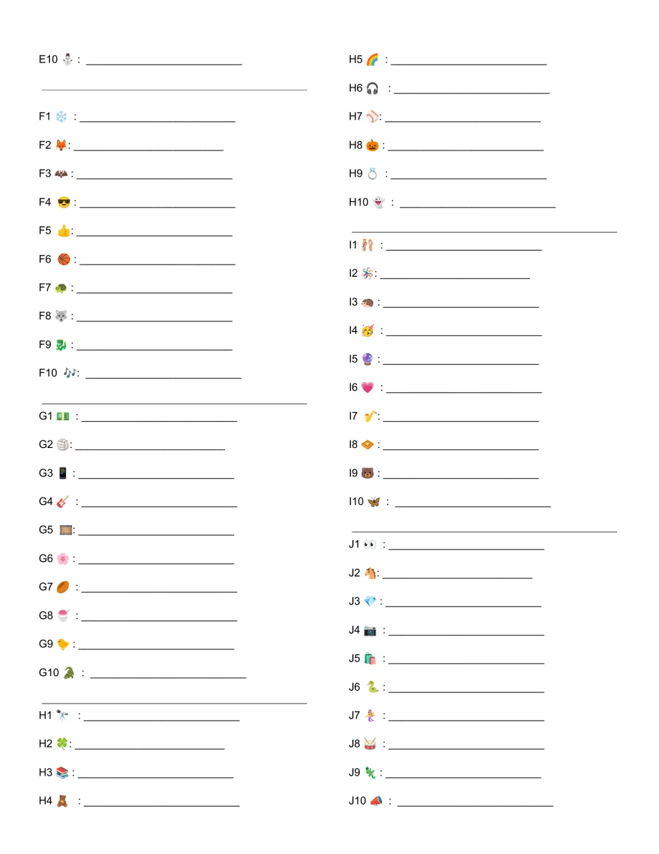 Teacher record list for squares E10 through J10: each code and emoji has a blank line for the claiming student's name