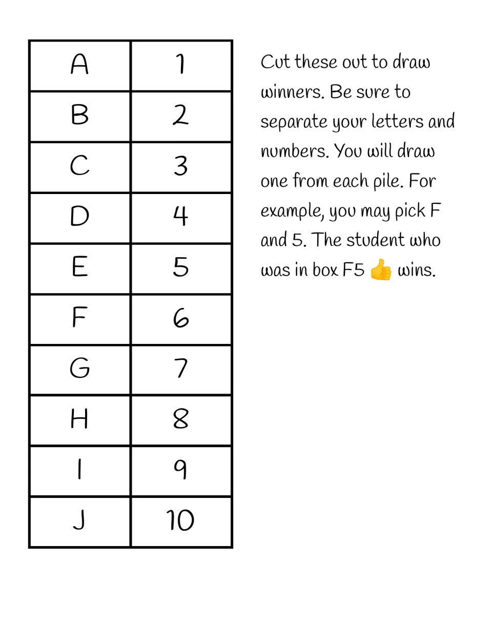 Winner drawing cards: letters A to J and numbers 1 to 10 to cut out, with directions to draw one of each, such as F and 5