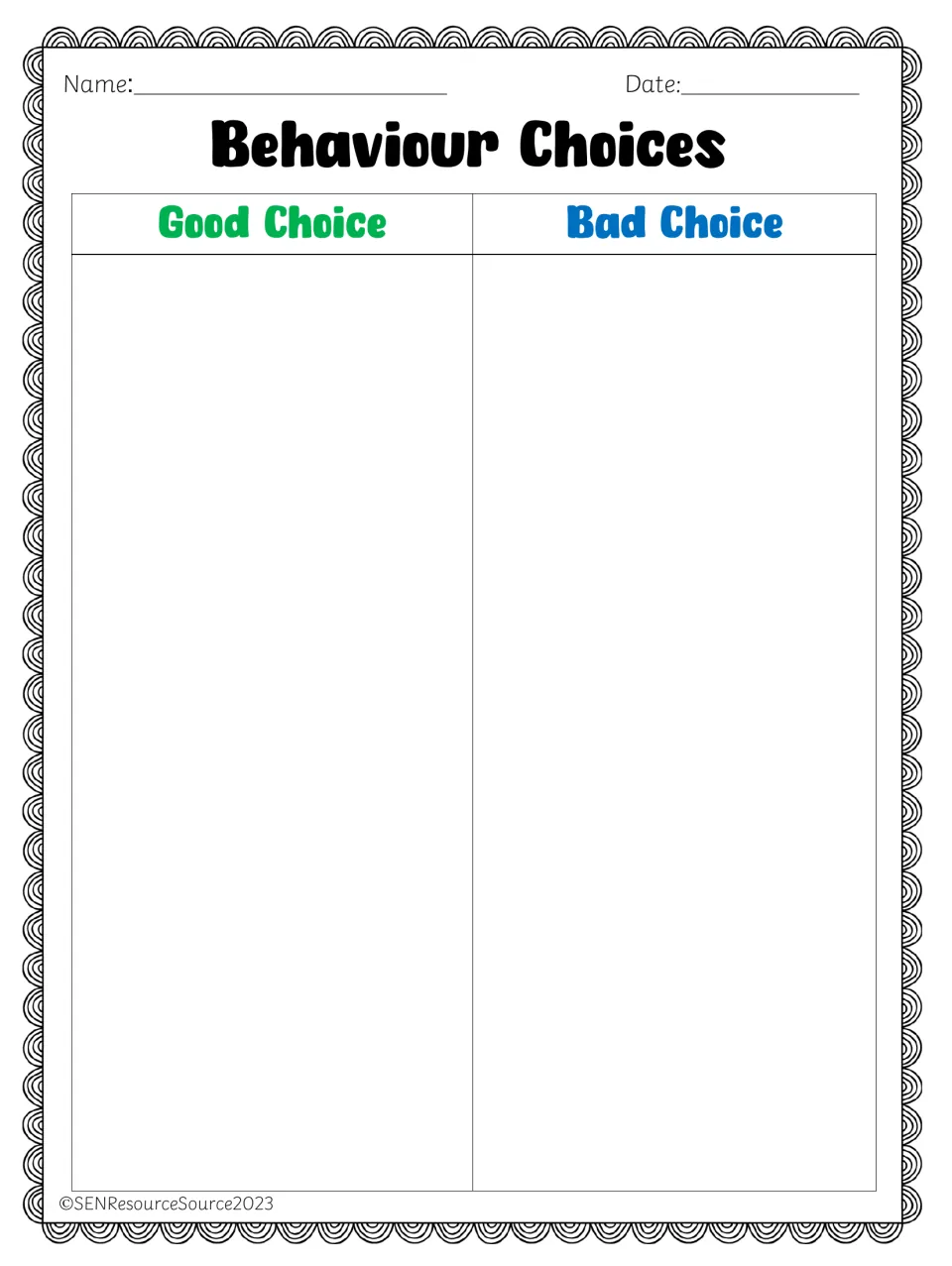 Behavior sorting sheet headed 'Good Choice' and 'Bad Choice' for placing the 10 cut-out scenario pictures.