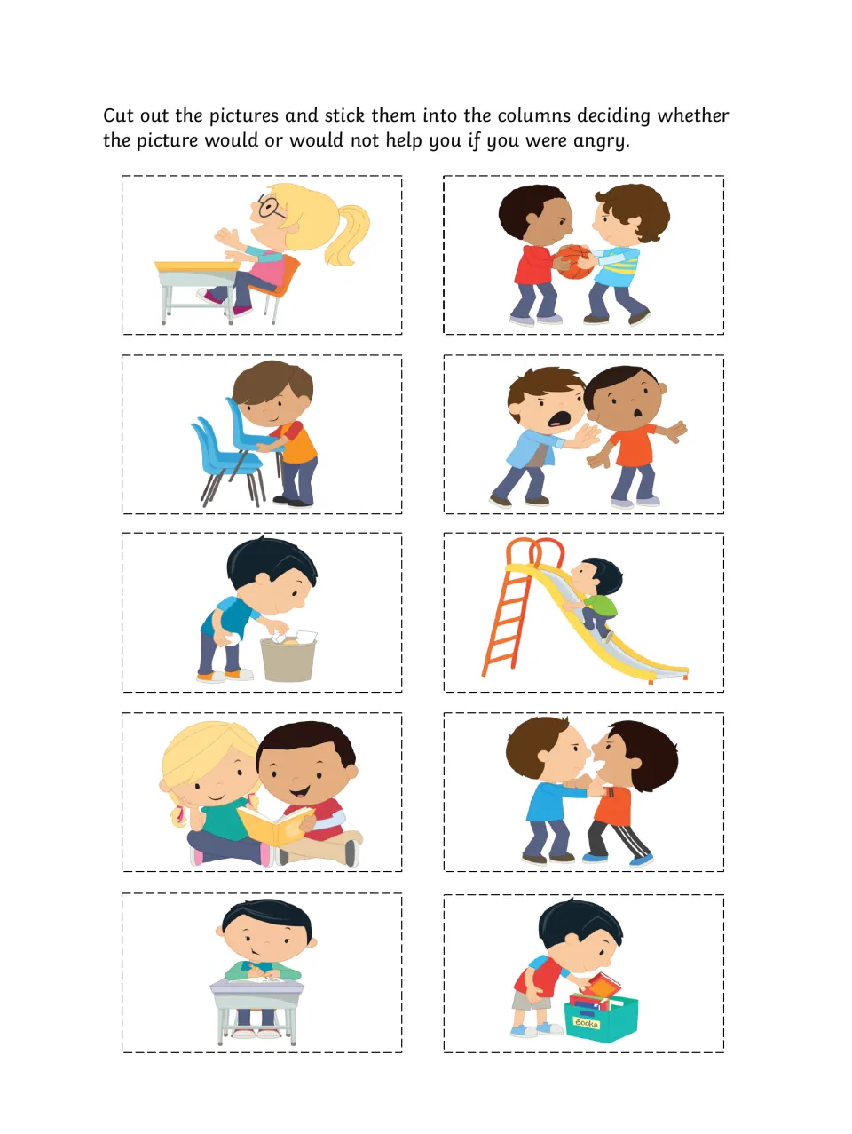 Ten behavior scenario cutouts show sharing a book, arguing over a ball, putting books away, and seven more.