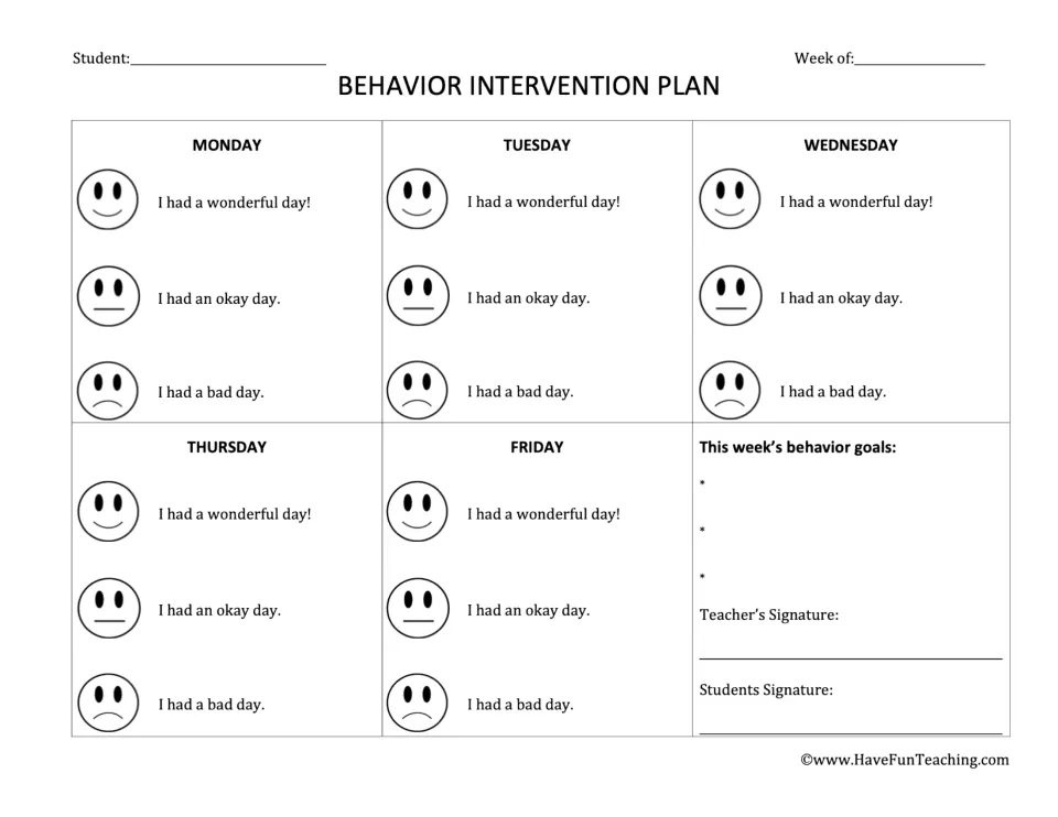 Weekly behavior tracking template: Monday–Friday ratings of wonderful, okay or bad, plus behavior goals.